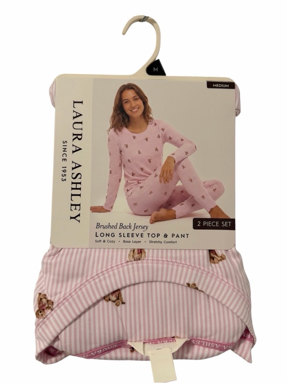 Laura Ashley Pink Striped Teddy Bear Pajama Set Long Sleeve Top & Pant M NWT